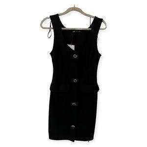 Black Zara Fitted Mini Dress with Embellished crystal buttons.